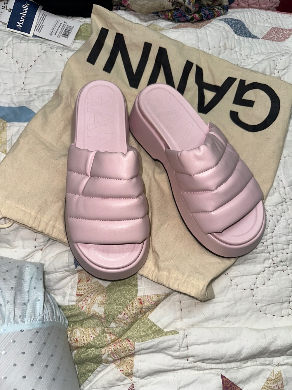 Ganni Light Pink Quilted Platform Slides